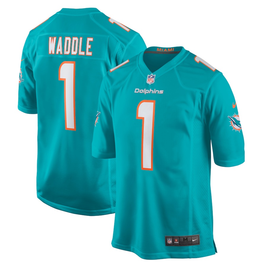 Mens Miami Dolphins #1 Jaylen Waddle Nike Aqua 2021 NFL Draft First Round Pick Game Jersey
